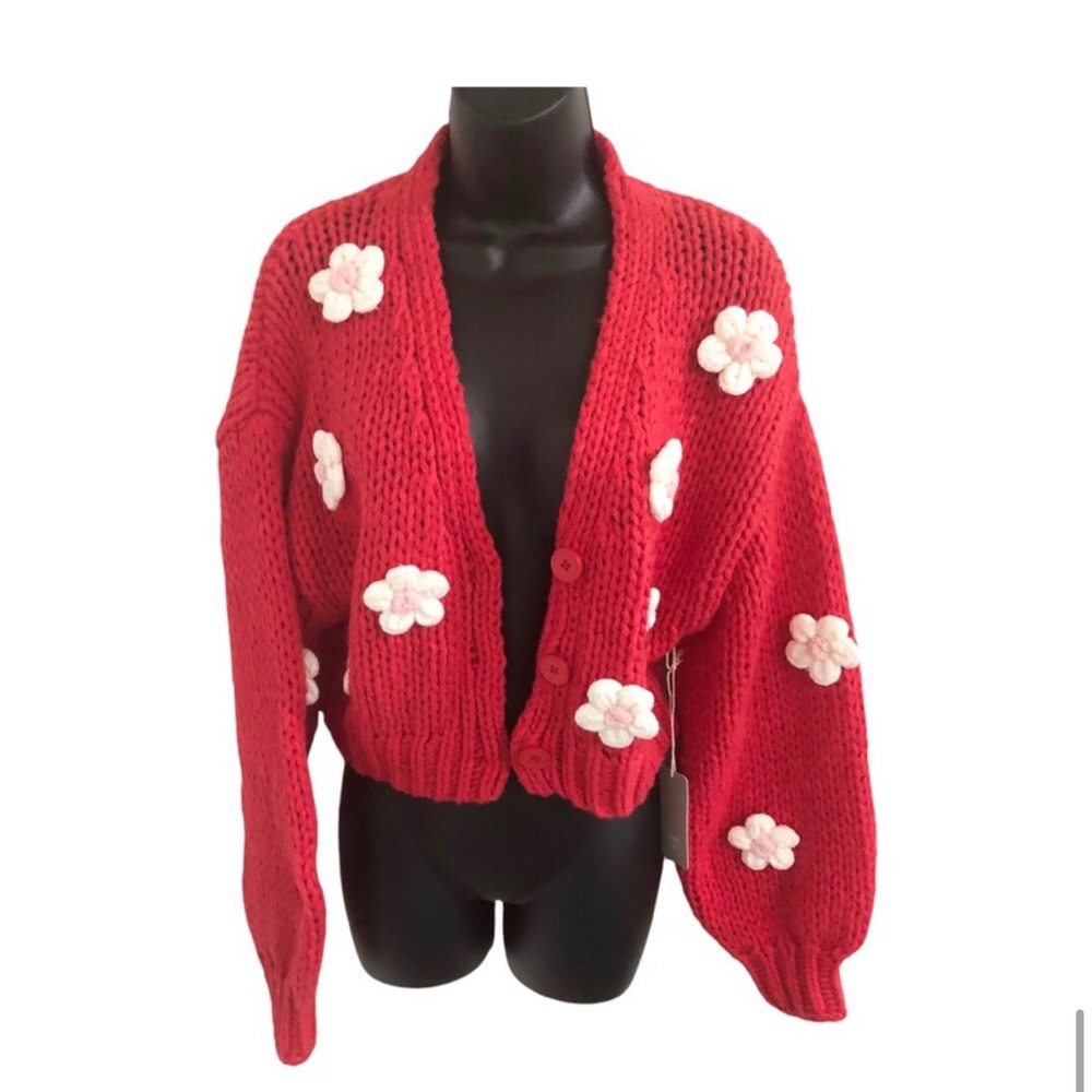 Luna Ivy Red chunky crochet white flower rosebud embroidered cardigan sweater